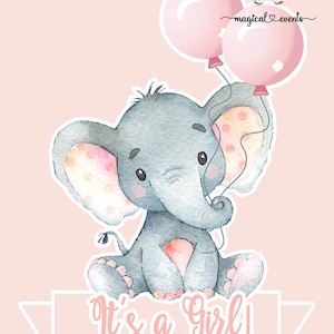 Pink elephant its a girl baby shower cake topper or centerpiece, girl elephant baby shower, 8x8 in, digital printable, pink balloons.