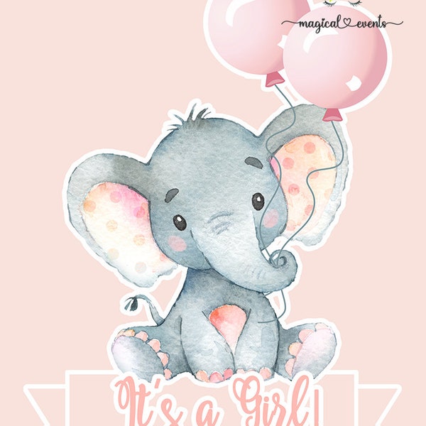 Pink elephant its a girl baby shower cake topper or centerpiece, girl elephant baby shower, 8x8 in, digital printable, pink balloons.