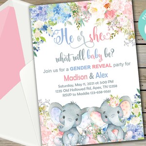 Elephants gender reveal invitation, elephants gender reveal invite, he or she what will baby be, digital printable download, corjl editable.
