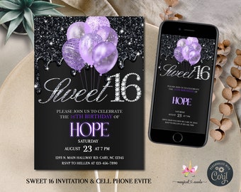 Sweet Sixteen birthday invitation + evite, Sweet 16 birthday invite + cell phone evite, girl 16th birthday Sweet Sixteen purple Quinceanera.