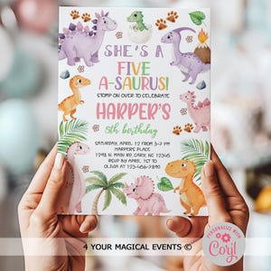 May include: A colorful invitation with dinosaur illustrations for a 5th birthday party. The invitation features the text "She's a Five A-Saurus!" and includes details about the party date, time, and location.