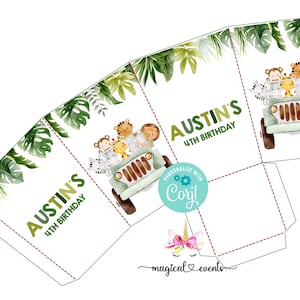 Safari boy birthday popcorn box, safari birthday favors, favor, safari jungle car theme, digital printable, customized safari popcorn box.