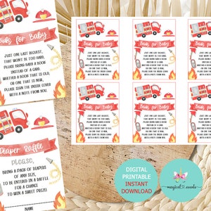Lotteria di pannolini per baby shower pompiere e libri per carte per bambini, carte per inserti per baby shower ragazzo camion dei pompieri rossi, pompiere del camion dei pompieri pompiere.