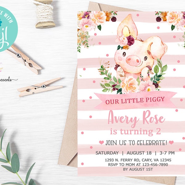 Piggy girl birthday invitation, girl pig birthday invite, digital printable, piggy, pig, pink flowers, pink roses, corjl digital printable.