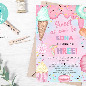 SWEET as can be girl 3rd third birthday invitation, birthday invite, cotton candy sweets donut ice cream cupcake, corjl digital printable.