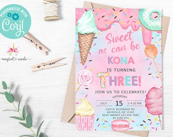 SWEET as can be girl 3rd third birthday invitation, birthday invite, cotton candy sweets donut ice cream cupcake, corjl digital printable.