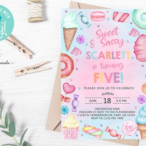 Candy Sweet and Sassy girl birthday invitation, birthday invite, cotton candy sweets donut ice cream cupcake, corjl digital printable.