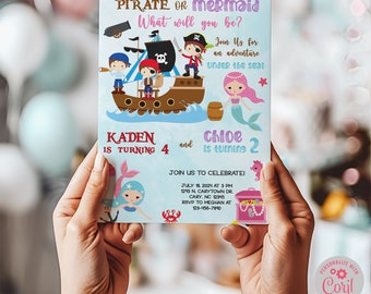 Siblings pirates and mermaids birthday invitation, boy girl brother sister birthday invite digital printable, under the sea, corjl editable.