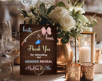 Baits or bows gender reveal table thank you sign, gender reveal baits or bows, digital printable instant download, brown wood 5x7 & 8x10.