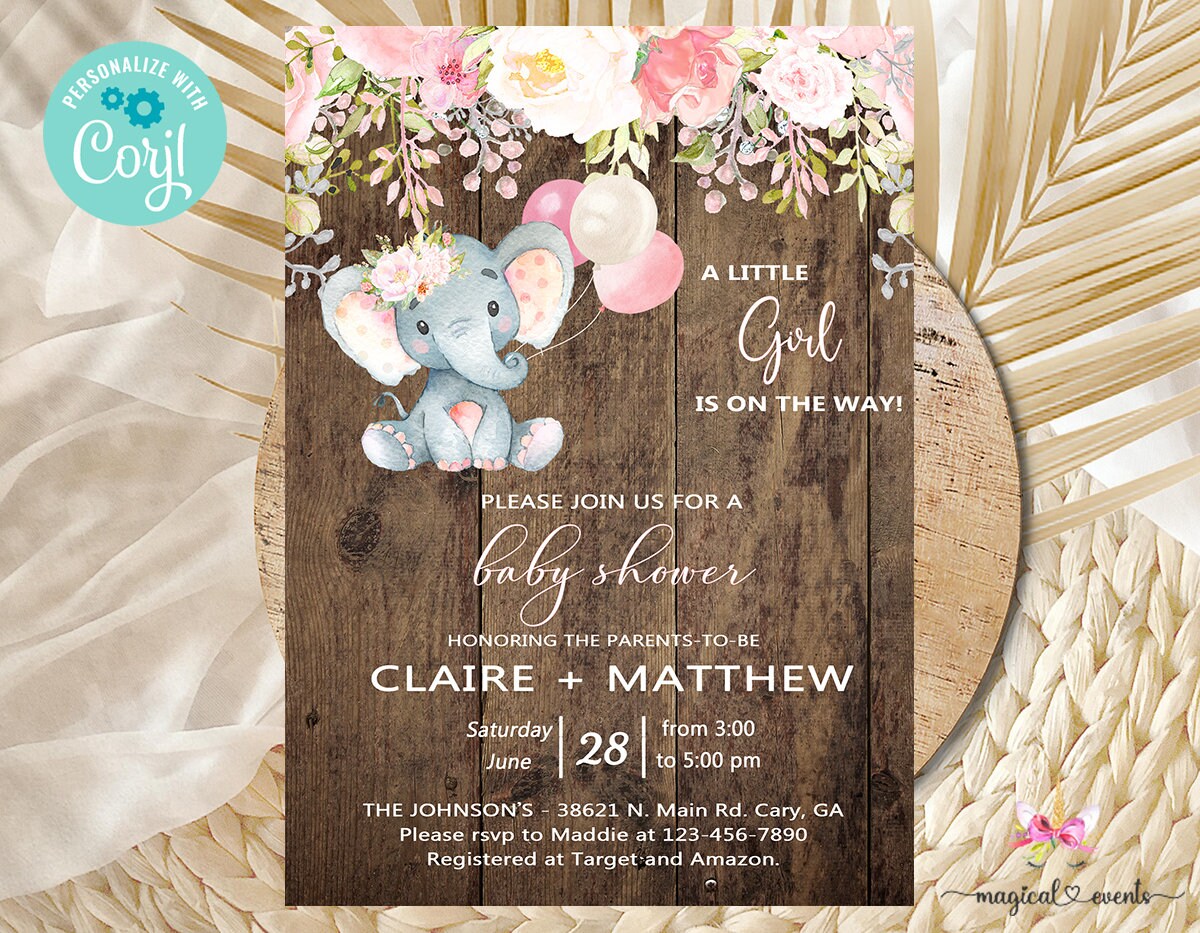 Elephant girl baby shower invitation, girl baby shower invite, elephant wood flowers pink balloons, girl baby shower corjl digital printable