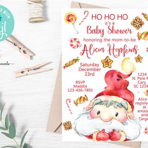 Winter Santa baby shower invitation, Christmas baby shower invite, cookies and candy, red baby shower, corjl digital printable, Santa Claus.
