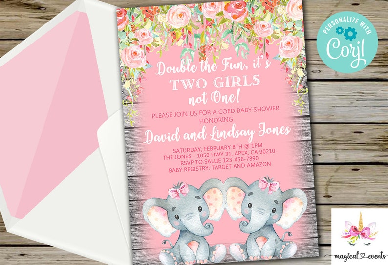 Elephant Twins Baby Shower Invitation Invite Digital Etsy