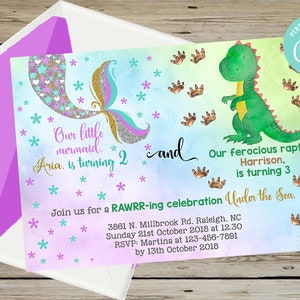 Siblings mermaid and dinosaur birthday invitation, boy girl brother sister, mermaids dinosaurs invite, digital printable, corjl editable.