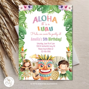 May include: Luau-themed birthday party invitation with the text "Aloha it's a Luau". The invitation features illustrations of a tiki mask, pineapple, coconut, and a ukulele. The invitation is decorated with tropical flowers and foliage.