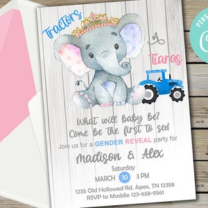 Tractors or tiaras gender reveal invitation, gender reveal invite, digital printable, white wood, tractor or tiara, elephant, corjl editable