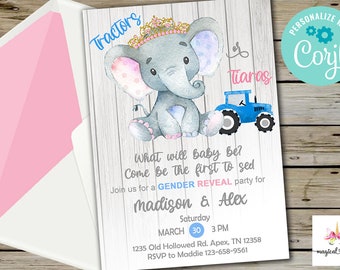 Tractors or tiaras gender reveal invitation, gender reveal invite, digital printable, white wood, tractor or tiara, elephant, corjl editable