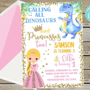 兄弟のプリンセス恐竜の誕生日招待状、男の子と女の子の兄弟姉妹、デジタル印刷可能、すべての恐竜とプリンセスを呼ぶ、ブロンド。