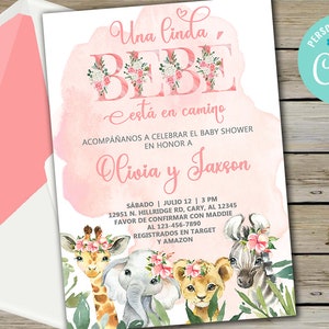 Safari meisje babyshower uitnodiging, roze bloemen brieven, babyshower uitnodigen, digitale instant download, corjl bewerkbaar, español spaans.