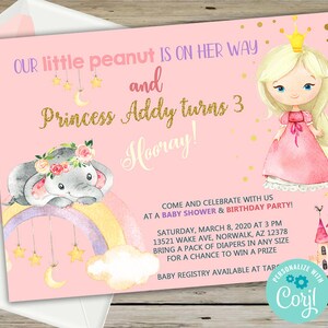Siblings baby shower, combined elephant baby shower and princess 3rd birthday, digital printable, pink invitation, invite, corjl editable.