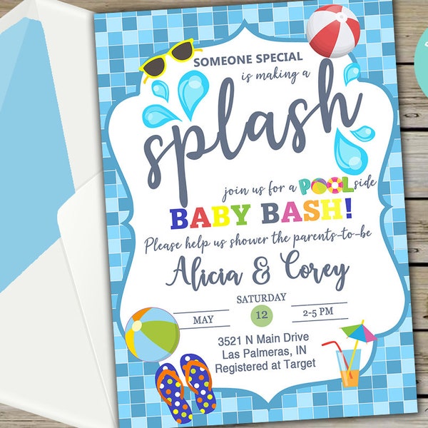 Summer pool baby shower invitation, Pool summer baby shower invite, digital printable, someone is making a splash, baby bash, corjl editable