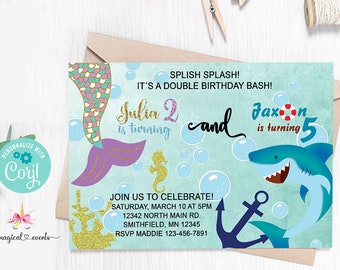 Siblings mermaid and shark birthday invitation, boy girl brother sister, corjl birthday invite digital printable, splish splash double bash.