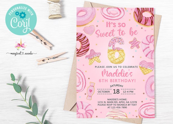 Pink donuts So Sweet To Be 6 birthday invitation, girl 6th birthday invite, pink donuts Sweet to be Six invite, digital printable, corjl.