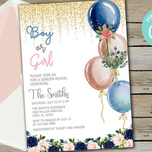 Ballonnen gender reveal uitnodiging, uitnodiging, jongen of meisje, wat zal baby zijn, digitaal afdrukbaar, roze en marineblauwe ballonnen, corjl bewerkbaar.