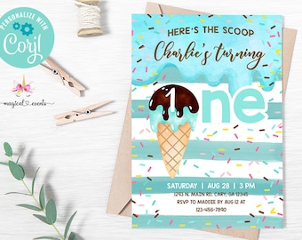 Here's the scoop ice cream 1st birthday invitation, boy first birthday invite, corjl digital printable, ice cream boy's first birthday.