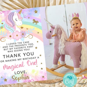 Cartão de agradecimento com foto de aniversário de unicórnio, cartão de agradecimento de primeiro aniversário de menina Unicórnio, cartão de agradecimento com nome editável e imprimível digital.