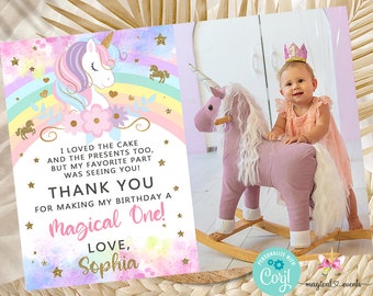 May include: A pink unicorn rocking horse with a white mane and tail. A young girl wearing a pink dress and a sparkly crown sits on the horse. The background is a pastel rainbow with gold stars. The text reads "I loved the cake and the presents too, but my favorite part was seeing you! Thank you for making my birthday a magical one! Love, Sophia."