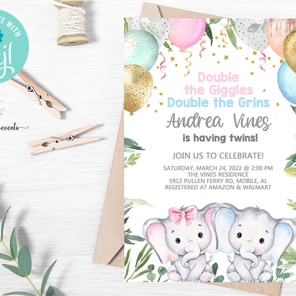 Elephant twins baby shower invitation, boy & girl elephants invite, digital printable, elephant twins, blue pink balloons, corjl editable.