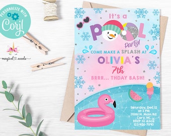 Its a pool party birthday invitation, girl, winter pool birthday invite, come make a splash girl brrr... thday bash, digital printable corjl