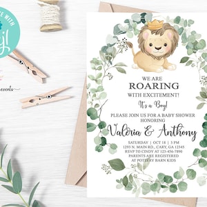 Lion baby shower invitation, boy lion baby shower invite, safari lion, digital printable corjl, green leaves, roaring with excitement.