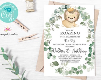 Lion baby shower invitation, boy lion baby shower invite, safari lion, digital printable corjl, green leaves, roaring with excitement.