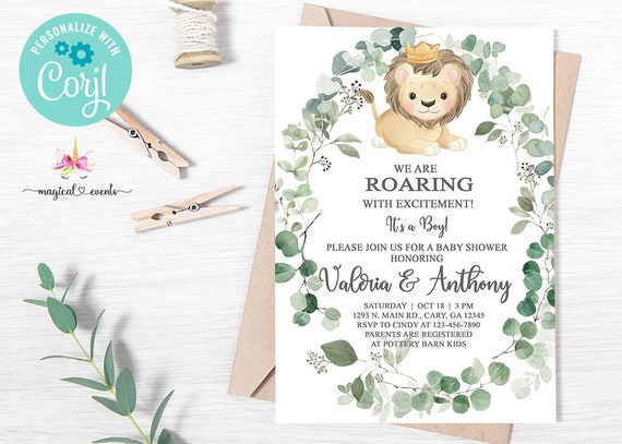 Lion baby shower invitation, boy lion baby shower invite, safari lion, digital printable corjl, green leaves, roaring with excitement.