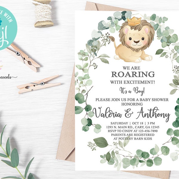 Lion baby shower invitation, boy lion baby shower invite, safari lion, digital printable corjl, green leaves, roaring with excitement.