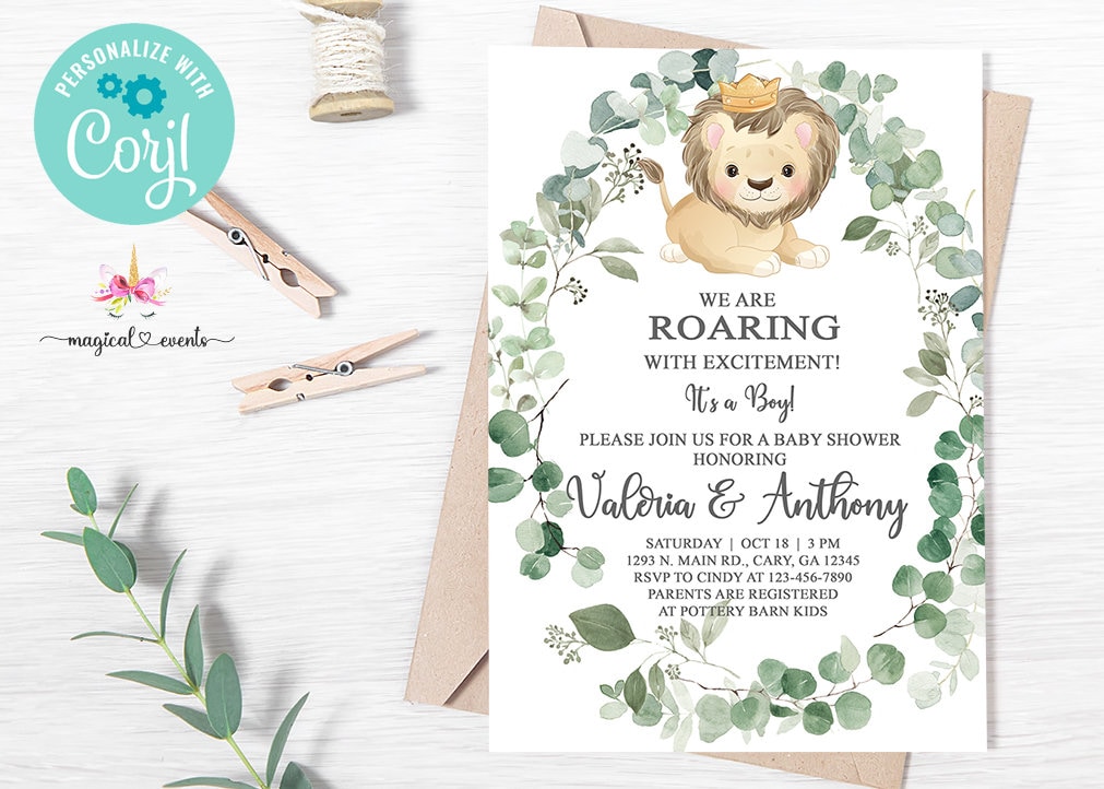 Lion baby shower uitnodiging, jongen leeuw baby shower uitnodigen, safari leeuw, digitale afdrukbare corjl, groene bladeren, brullend van opwinding.