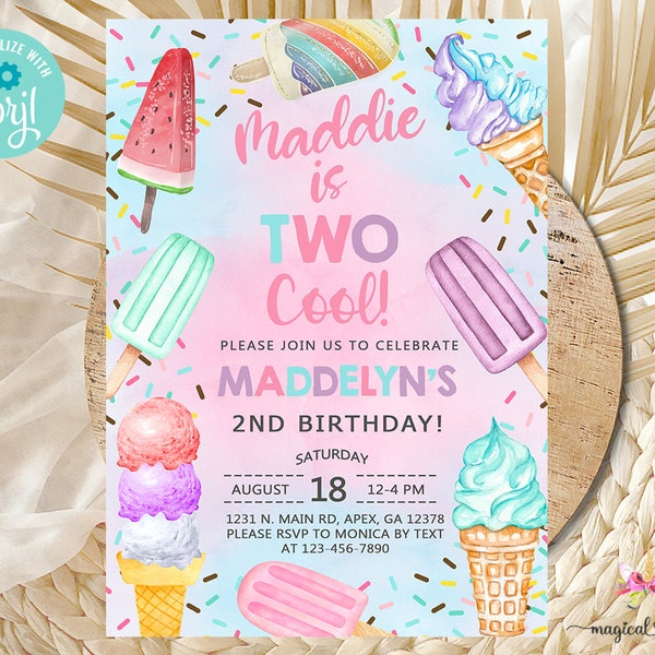 Two cool popsicles & ice cream girl 2nd second birthday invitation, invite, two cool, summer invitation, corjl digital printable, pastels.