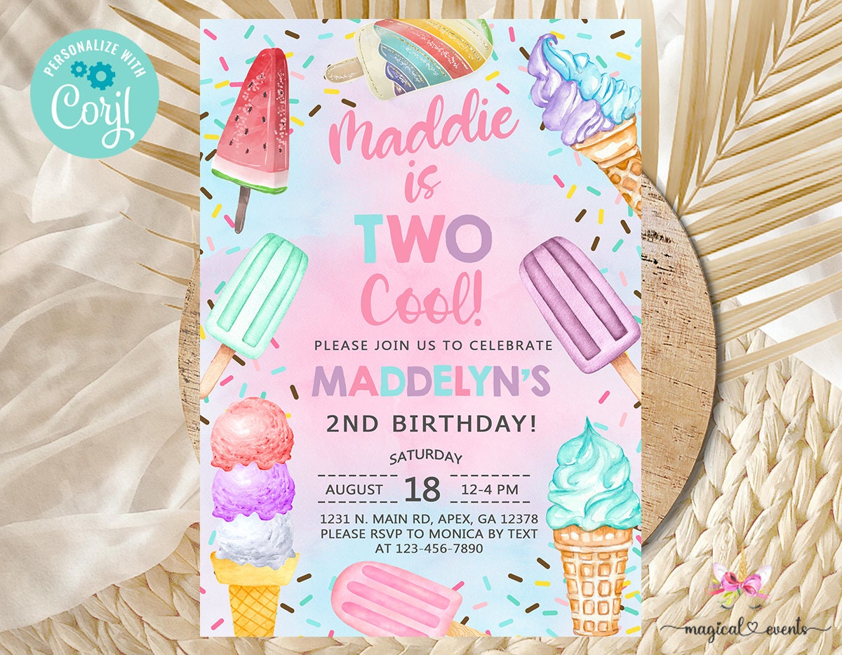 Two cool popsicles ice cream girl 2nd second birthday invitation invite two cool summer invitation corjl digital printable