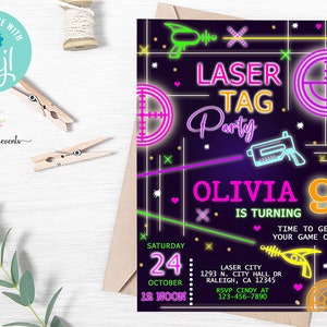 Laser tag party girl birthday invitation, any age girl birthday invite, digital printable, corjl editable, pink purple orange, neon glow.