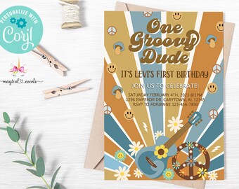 May include: A groovy, retro-themed birthday invitation for a first birthday party. The invitation features a blue and brown guitar with peace signs and flowers, and the text "One Groovy Dude" in a brown, cursive font. The text "It's Levi's First Birthday" is also included, along with the date, time, location, and RSVP information.