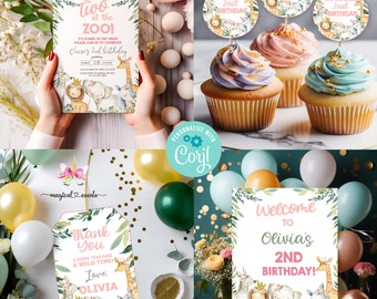 Pink Safari girl birthday bundle any age, invitation invite cupcake toppers thank you tags welcome sign, corjl digital printable, flowers.