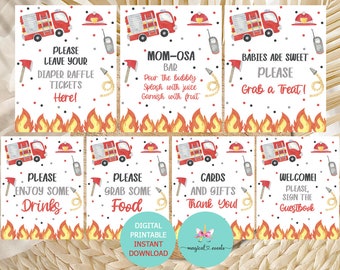 Firefighter baby shower signs bundle, boy baby shower signs, red firetruck signs package, 7 baby boy shower signs, fireman red fire truck.
