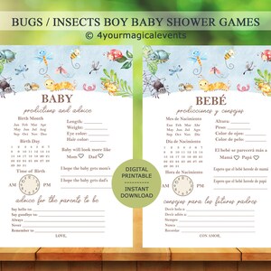 May include: Baby shower game cards with insect illustrations. The cards have fill-in-the-blank sections for predictions and advice, with text in English and Spanish. The design includes watercolor insects and floral elements.