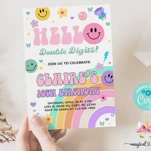 GROOVY Hello Double Digits girl 10th birthday invitation, groovy invite, corjl digital printable, pink purple, girl tenth 10th birthday.