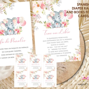 Cartões de inserção de chá de bebê de elefante rosa e balões para meninas, flores rosa, elefante, impressão digital, Español, Espanhol, Rifa Pañales Libros.