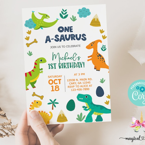 Dinosaurs 1st first birthday invitation, dinosaur dinos boy birthday invite, corjl digital printable, ONE A-SAURUS boy dinosaurs invitation.