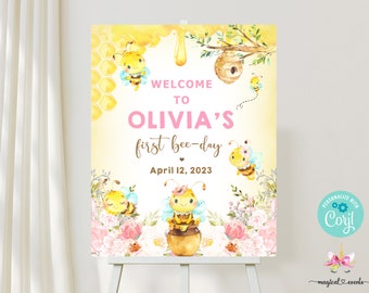 16x20 bee birthday welcome sign, birthday bee-day welcome sign, bumblebee, honeybee honey bees, 1st first bee-day welcome sign, ANY AGE.
