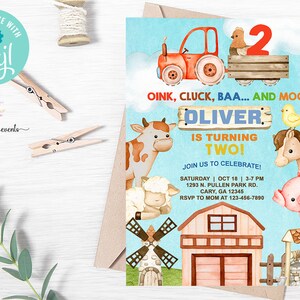 Farm boy birthday invitation, boy farm animals & tractor birthday invite, digital printable, oink cluck baa moo, red barn, tractor, corjl.