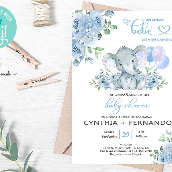 Blue elephant baby shower invitation, boho boy invite, blue flowers balloons, digital printable, corjl editable, spanish español, es niño.